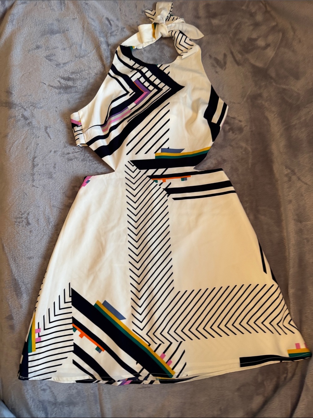 SUGAR+LIPS White Geometric Halter Dress with Multicolor Accents. Size XS